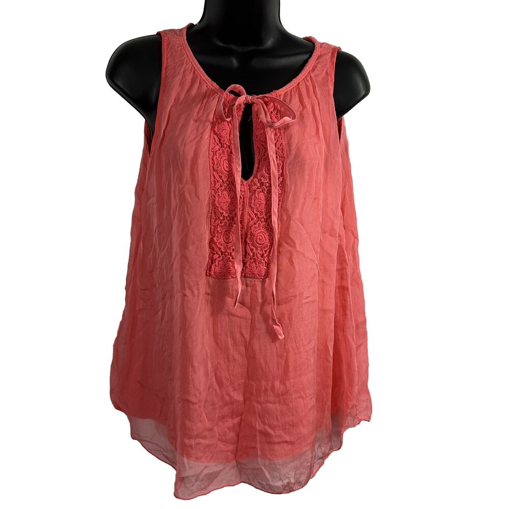 Keysha Women S Pink crochet embellished 100% silk tank top Floral Flowy Layered